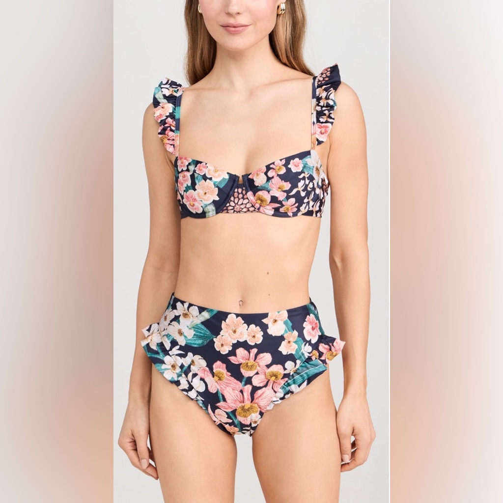 Agua Bendita Kiwi Danza Floral Navy High-Waist Bikini Bottoms